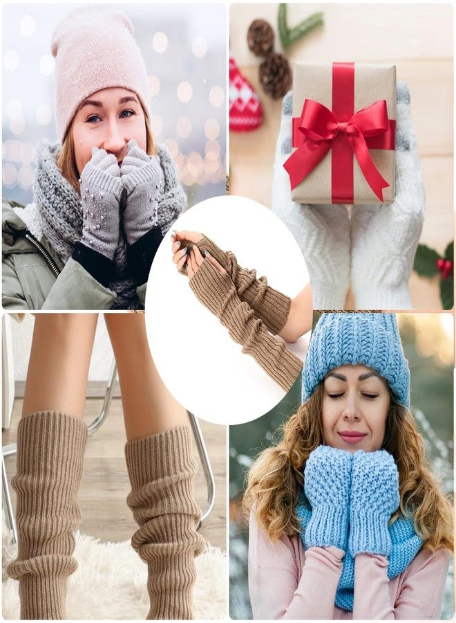 CABODYALS 2 Pairs Tan Long Fingerless Gloves Knitted Soft Winter Thumb Hole Gloves Y2k Khaki Arm Warmers Knit Mitten Arm Sleeves Crochet Wrist Hand Cover Bulk for Women Typing Driving Outings Supply - Image 5